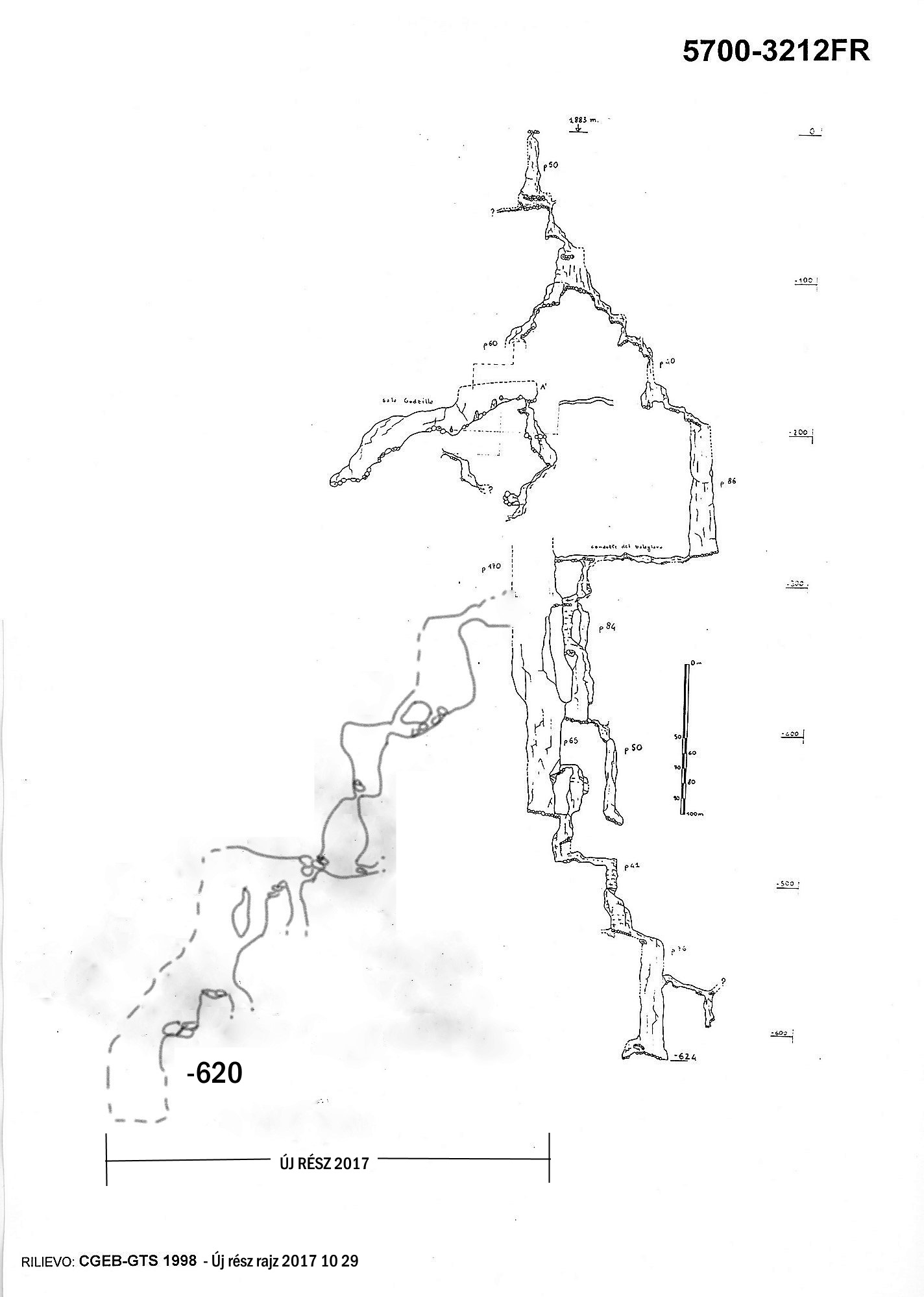 OP 3 hosszmetszet + új rész kézi rajz (2017, -650m mélyen van a kérdéses rész)