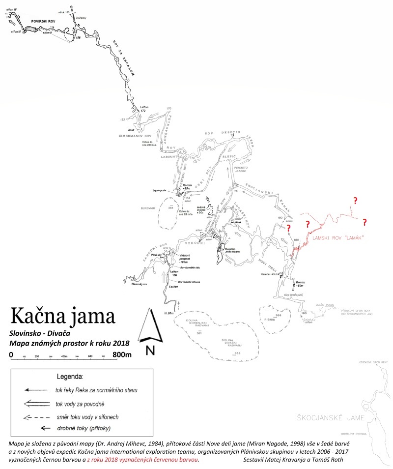 Kačna jama 2018-ig ismert részei (Dr. Andrej Mihevc 1984  és Miran Nagode 1998 térképei alapján)